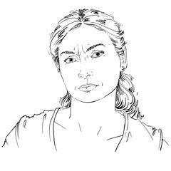 Hand-drawn portrait of white-skin doubtful woman, face emotions