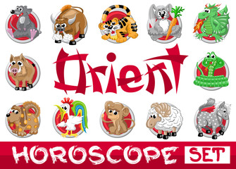 Orient horoscope set. Twelve chinese japanese zodiac signs in red circles isolated