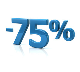 3d illustration of seventy-five percent discount in blue letters on white background