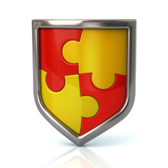 Shield with red and yellow puzzle pieces