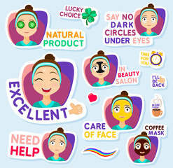 Collection of stickers for chat or sms. Cute girl stickers. Cleaning and care face. Treatment, Beauty, Cosmetic, Makeup, Healthy, Lifestyle. Face mask. cartoon funny stickers set.