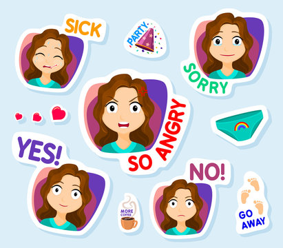 Collection Of Stickers For Chat Or Sms. Cute Girl Stickers. Woman With Different Facial Expressions. Cartoon Funny Stickers Set. Vector