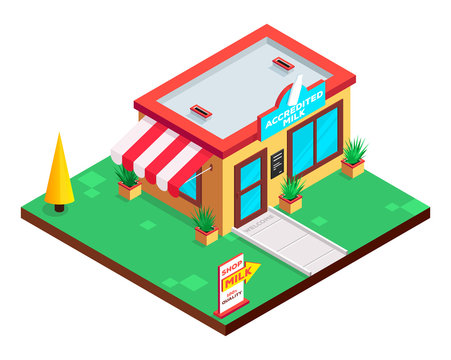 Dairy shop isometric building. Accredited milk. Flat isometric icon. Welcome to milk shop. Vector illustration