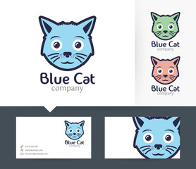 Blue Cat vector logo with business card template