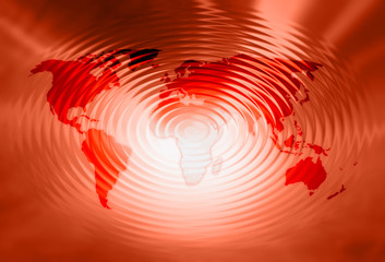 World map with artistic shiny swirling pattern earthquake effect illustration background.