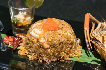 fried rice with shrimp close up.
