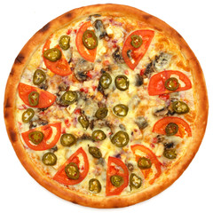 Tasty, flavorful pizza isolated on white background