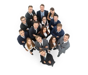 Portrait of smiling business people against white background