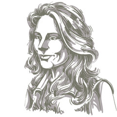 Vector art drawing, portrait of gorgeous dreamy girl isolated on