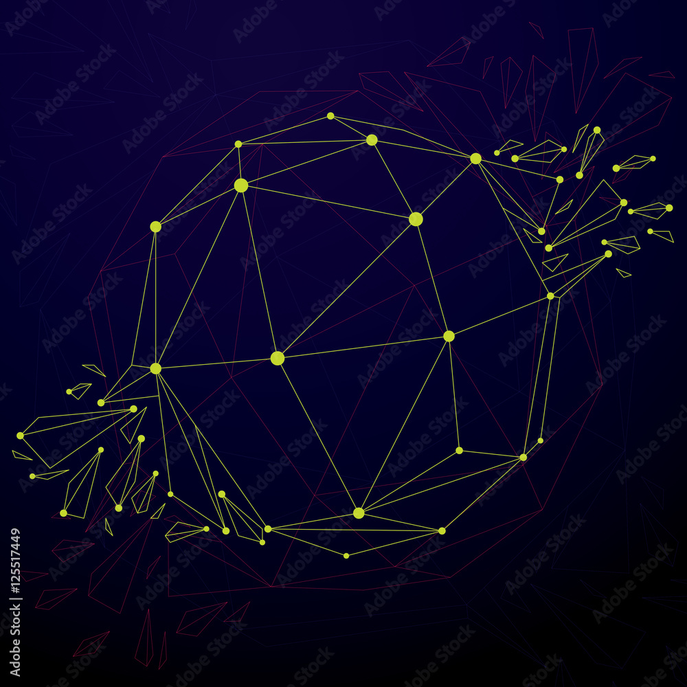Poster 3d vector digital wireframe spherical object broken into differe