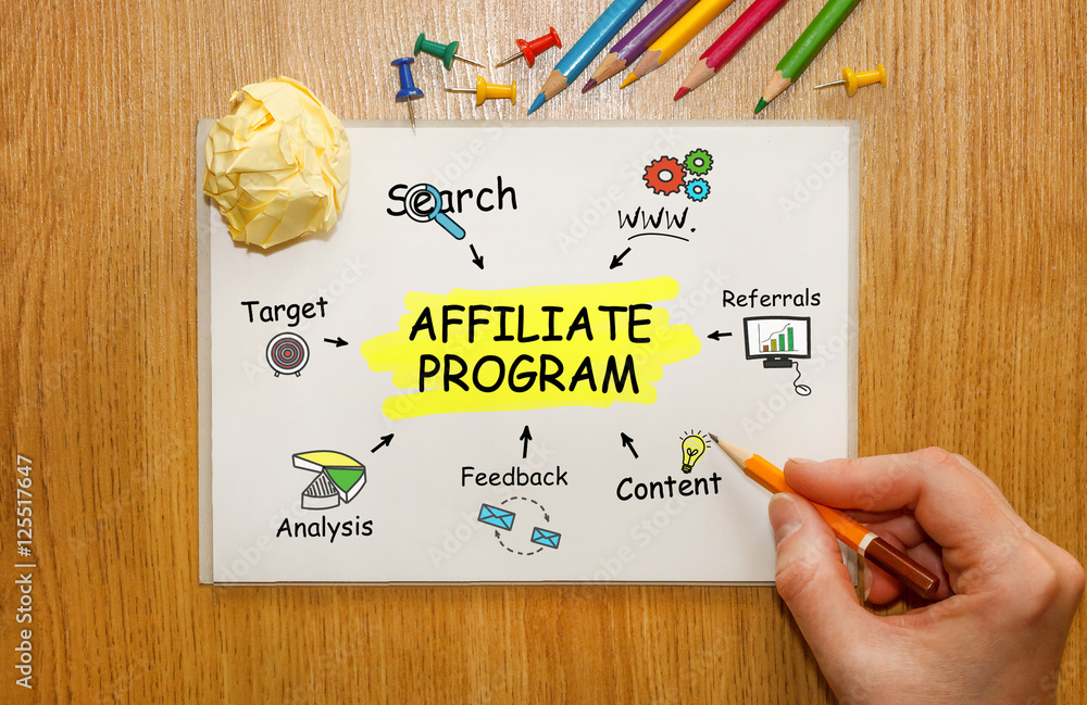 Poster notebook with toolls and notes about affiliate program,concept