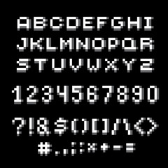 Cybernetic 3d numbers, letters and punctuation marks, pixel art