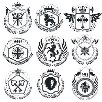 Old style heraldry, heraldic emblems, vector illustrations. Coat