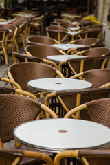 Empty tables of outdoor cafe in city center of Lviv, Ukraine in Europe