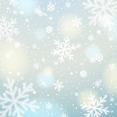 Fototapeta na wymiar Blue background with white blurred snowflakes, vector