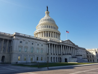 The Eastern facade main entry to the United States Capitol Building, on Capitol Hill in Washington...
