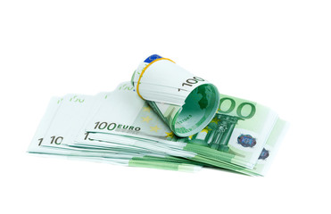 Banknotes 100 euros rolls. Isolate on white.