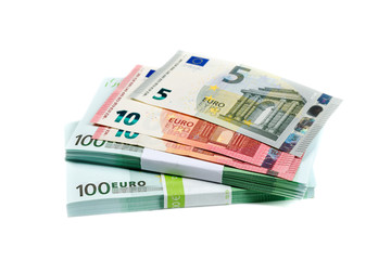 Obraz na płótnie Canvas stack of bills with 100, 10 and 5 euros