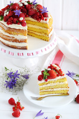 Delicious biscuit cake with berries on cake stand