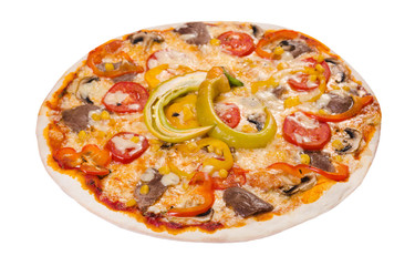 italian pizza with salami, chilli, bacon and mushrooms. isolated