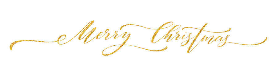 Gold glitter Merry Christmas lettering design. Greeting card with golden glittering decoration. Vector illustration