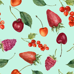 Summer berries watercolor seamless pattern. Watercolor strawberry, cherry, redcurrant, raspberry and leaves isolated on blue background. For design, textile and background.
