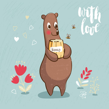 Card with Cartoon bear and honey.