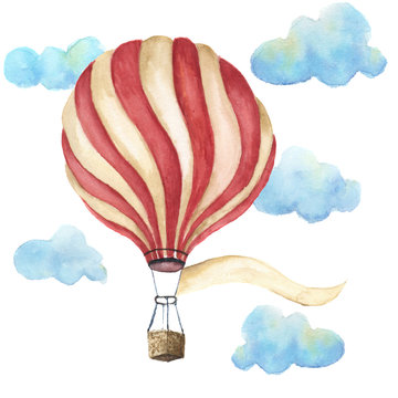 Watercolor hot air balloon set. Hand drawn vintage air balloons with  clouds, banner for your text and retro design. Illustrations isolated on white background. For design, print and textile.