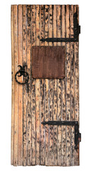 Closed big old door with rusty key isolated on white background with clipping path