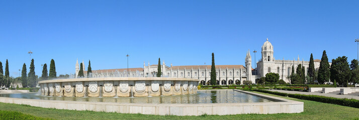 Lisbon, Portugal, Belem. Fountain named Luminosa and Gardens in front of Monastery named Jeronimos          