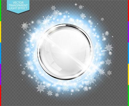 Abstract luxury chrome metal ring white glass ball. Vector light circles, snowflakes and spark light effect. Sparkling glowing round frame on blue transparent. Winter Christmas or New Year background