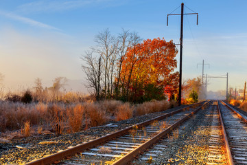 Fototapeta na wymiar Mist covering railway tracks near