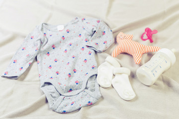 set of fashion trendy clothes and kids stuff for little baby girl