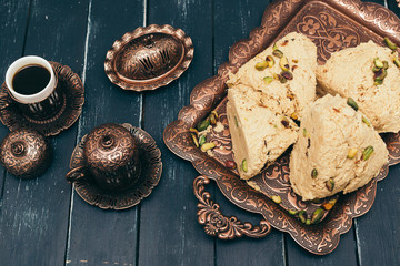  traditional eastern desserts on wooden background
