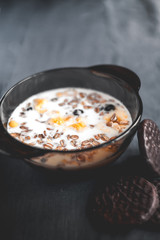 Diet cereal and chocolate bake. Delicious breakfast. Muesli