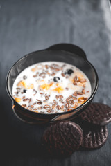 Diet cereal and chocolate bake. Delicious breakfast. Muesli