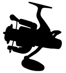 Black fishing reel silhouette isolate on white background.