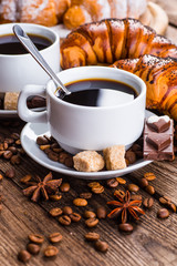 Breakfast with coffee and croissants on table