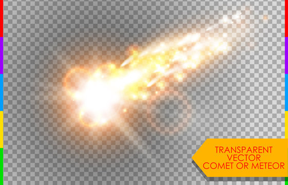 Comet, meteor or fire on transparent background. Vector glow special light effect with sparks. Rocket in sky
