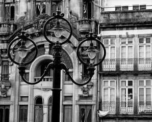 Portugal. Porto city. Ancient lantern  in black and white