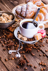 Breakfast with coffee and croissants on table
