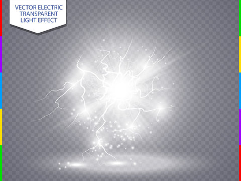 White abstract energy shock explosion special light effect with spark. Vector glow power lightning cluster. Electric discharge on transparent background. High voltage charged core