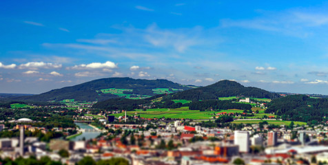 Fototapeta na wymiar Tilt-shift aerial view to Salzburg, miniature effect
