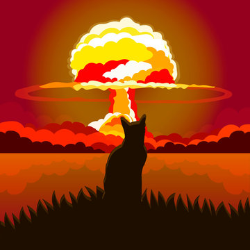 Cat on a background of a nuclear explosion.