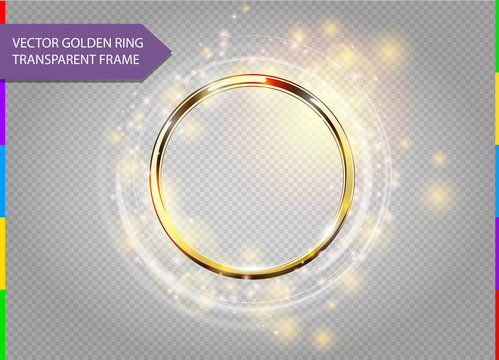 Abstract sparkling golden frame light effect on transparent background. Spark with ring glossy line