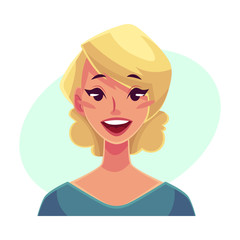 Pretty blond woman, wow facial expression, cartoon vector illustrations isolated on blue background Beautiful woman surprised, amazed, astonished. Surprised, wow face expression