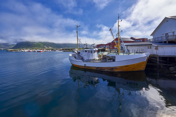 Fototapeta premium Fredwang, Norwey Picturesque view small harbor on Lofoten islands in Norway
