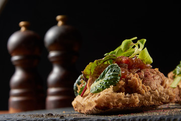 food background of Bread with duck meat and salad