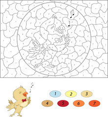 Cartoon nightingale. Color by number educational game for kids