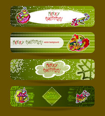 Christmas banner set. Hand drawing. Doodle. New Year background. Holiday template. Rooster, candle, candy, gifts. Gradient, clipping masks.